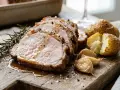 Arista di maiale succulenta affettata su tagliere di legno, con patate arrosto, aglio e rosmarino.
