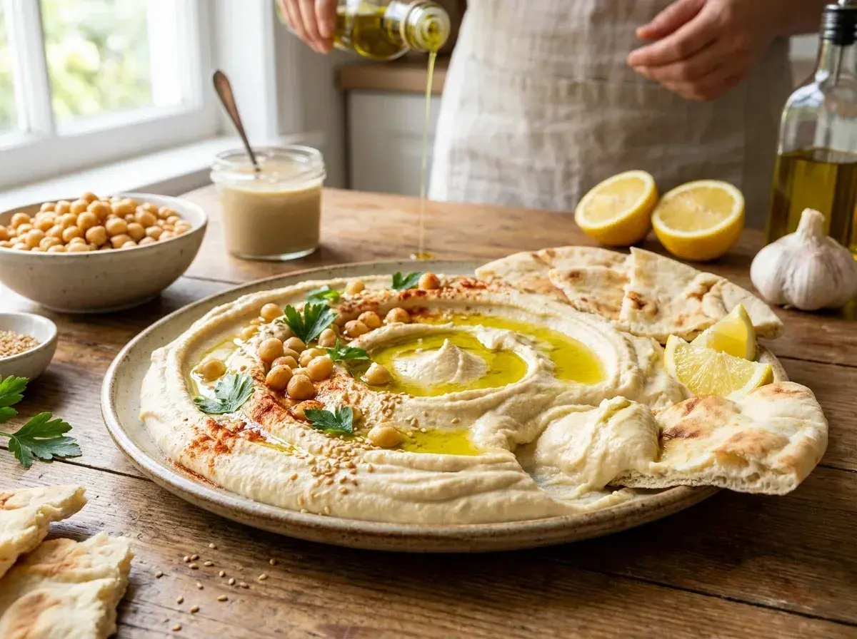 Un cremoso hummus di ceci, guarnito con ceci interi, prezzemolo e olio d'oliva, servito con pane pita e limone.