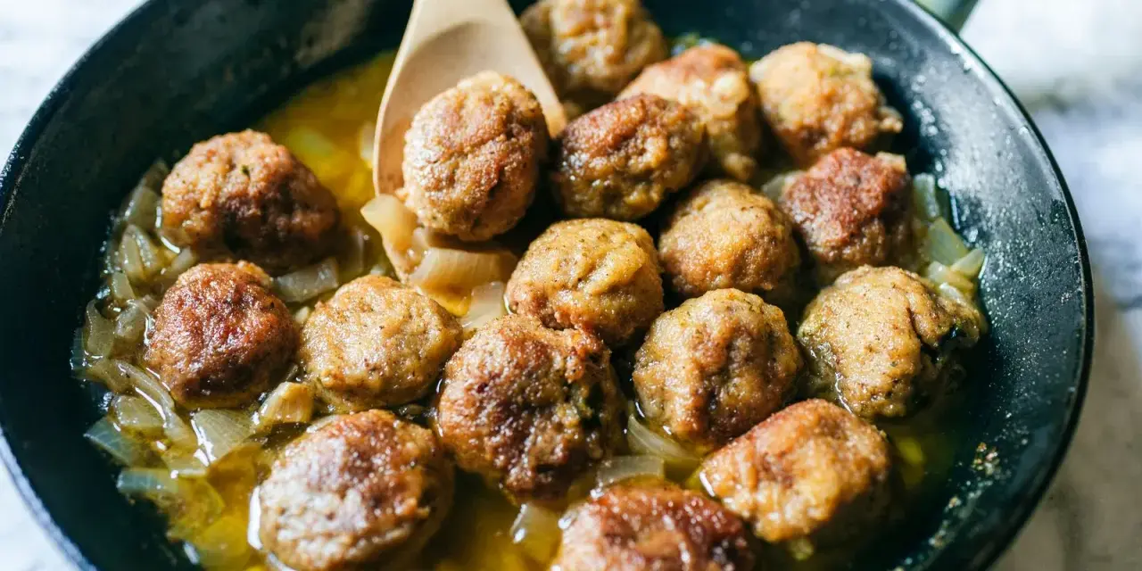 Polpette dorate in padella con cipolle, pronte per essere gustate. Un classico della cucina italiana.