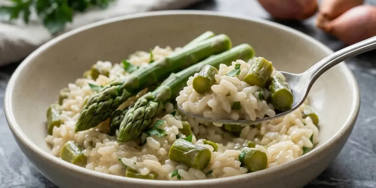 Un cremoso risotto con asparagi freschi, guarnito con prezzemolo tritato. Una forchettata mostra la consistenza perfetta.