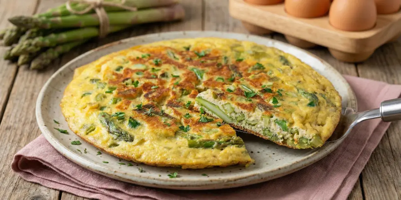 Deliziosa frittata di asparagi selvatici, appena sfornata e guarnita con prezzemolo fresco. Sullo sfondo, un mazzo di asparagi e uova.