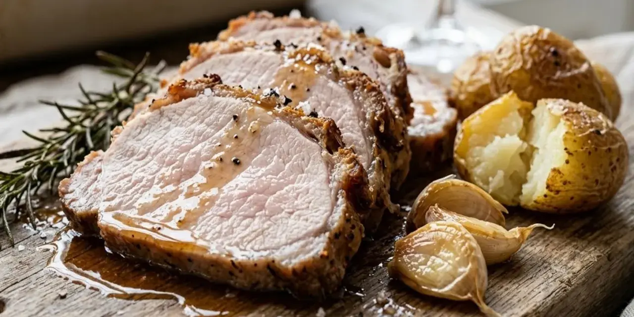 Arista di maiale succulenta affettata su tagliere di legno, con patate arrosto, aglio e rosmarino.