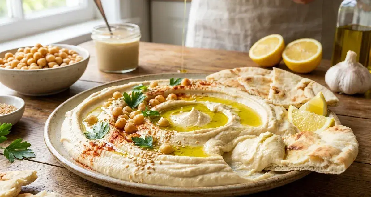 Un cremoso hummus di ceci, guarnito con ceci interi, prezzemolo e olio d'oliva, servito con pane pita e limone.