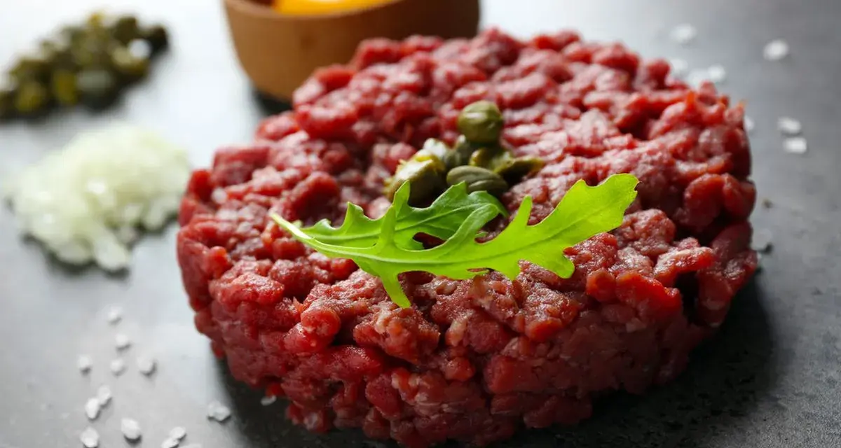Battuta di fassona cruda, guarnita con capperi e rucola, con tuorlo d'uovo e cipolla tritata sullo sfondo.
