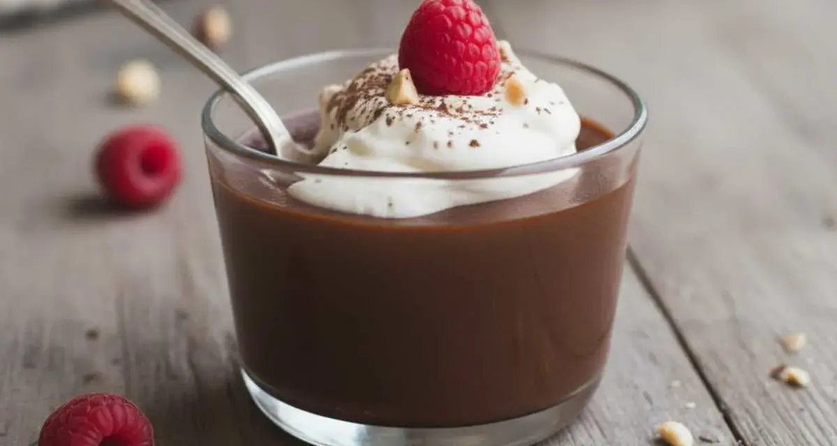 Delizioso budino fatto in casa al cioccolato, guarnito con panna montata, un lampone fresco e nocciole croccanti.