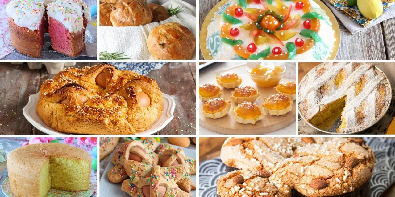 Collage di dolci pasquali: colomba, pastiera, casatiello, torta decorata e altri dolci tipici.