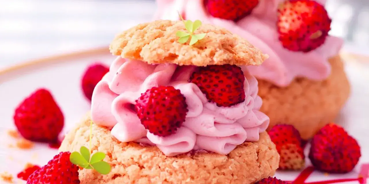Deliziosa mousse di fragole su bignè, guarnita con fragoline di bosco e foglioline verdi.