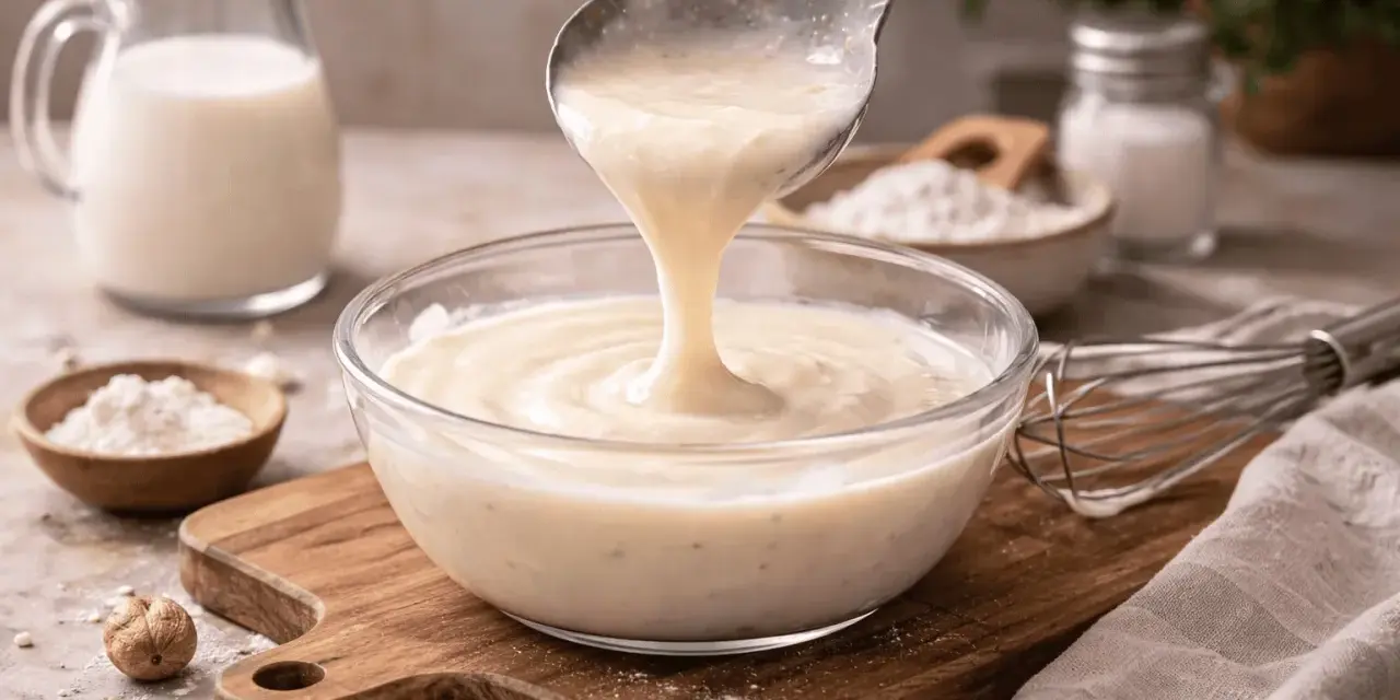 Besciamella senza latte cremosa versata in una ciotola di vetro. Ingredienti per una cucina senza lattosio.