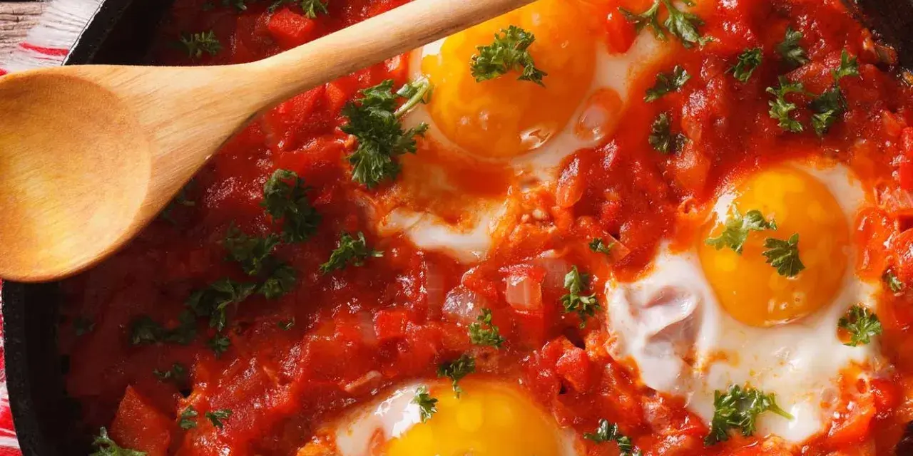 Uova al pomodoro cotte in padella, con tuorli dorati e prezzemolo fresco. Un cucchiaio di legno attende di servire questo piatto saporito.