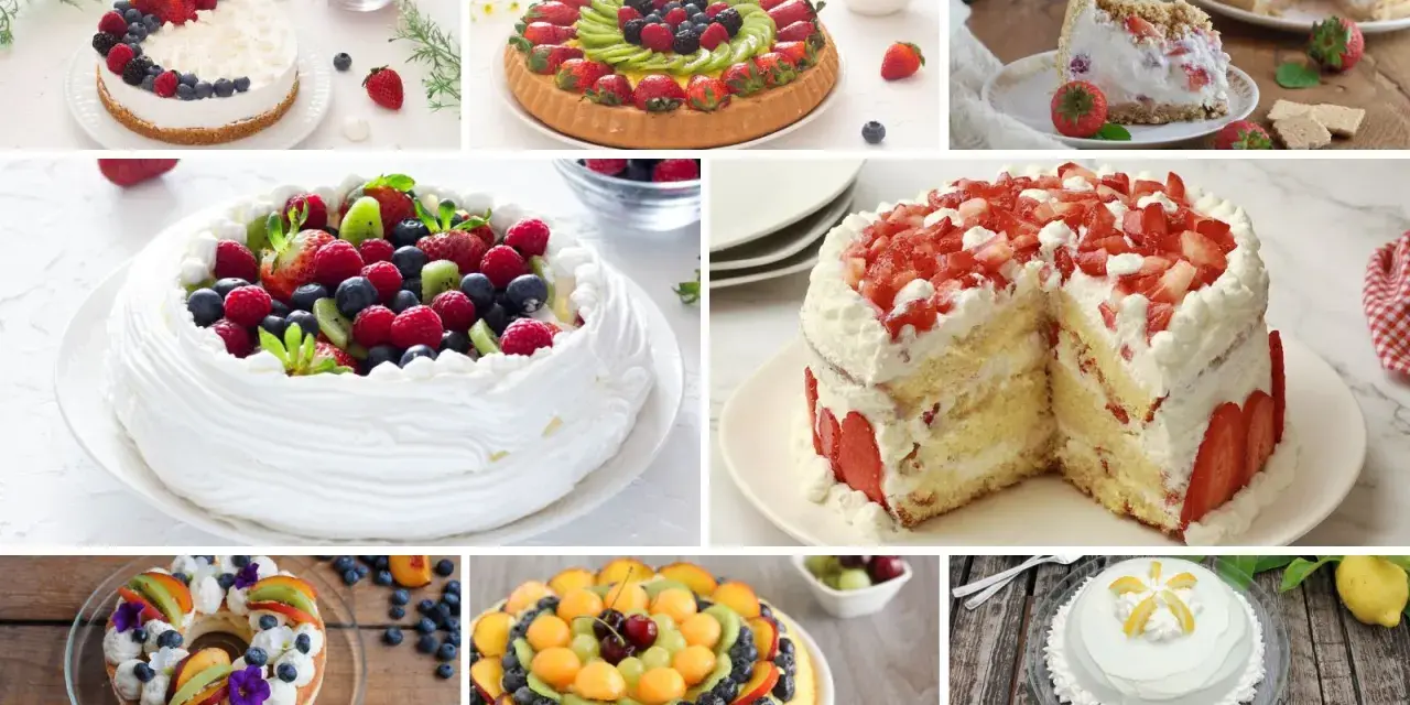 Varie torte e crostate decorate con frutta fresca, perfette per una torta festa della mamma.