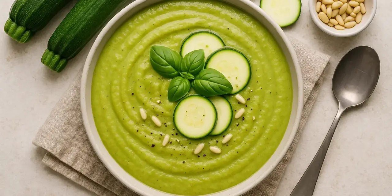 Vellutata di zucchine cremosa, guarnita con basilico fresco, fette di zucchina e pinoli. Accanto, zucchine fresche e un cucchiaio.