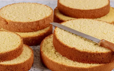 Dischi di pan di spagna sofficissimo con lievito, pronti per essere farciti. Una lama di coltello affilata riposa su uno strato.