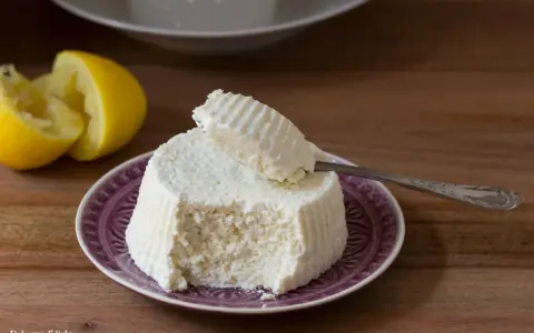 Ricotta fatta in casa su un piatto viola, con limone tagliato a metà sullo sfondo. Un cucchiaino preleva una porzione cremosa.