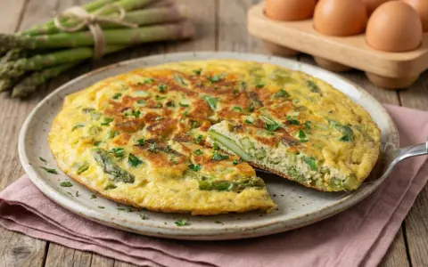 Deliziosa frittata di asparagi selvatici, appena sfornata e guarnita con prezzemolo fresco. Sullo sfondo, un mazzo di asparagi e uova.