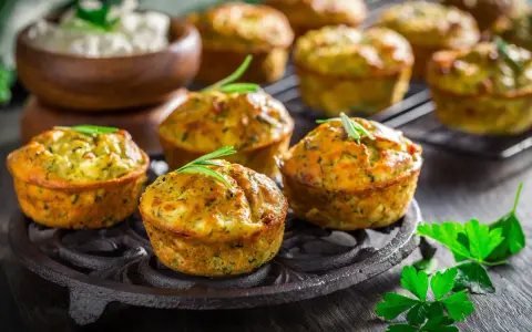 Tortini di zucchine dorati e fragranti, guarniti con rosmarino, su un piatto di ghisa. Sullo sfondo, una ciotola di formaggio fresco.