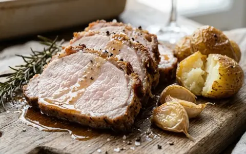 Arista di maiale succulenta affettata su tagliere di legno, con patate arrosto, aglio e rosmarino.