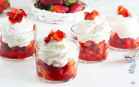 Coppette di fragole con panna montata e pezzetti di fragola fresca in cima. Un cestino di fragole sullo sfondo.