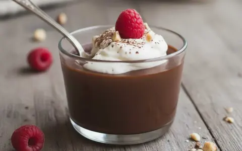 Delizioso budino fatto in casa al cioccolato, guarnito con panna montata, un lampone fresco e nocciole croccanti.