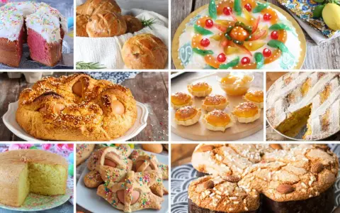 Collage di dolci pasquali: colomba, pastiera, casatiello, torta decorata e altri dolci tipici.