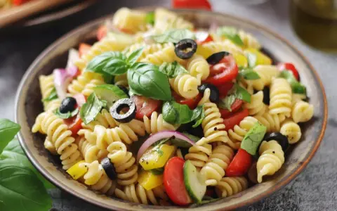Un piatto invitante di insalata di pasta con fusilli, pomodorini, olive nere, cipolla rossa, cetrioli e basilico fresco.