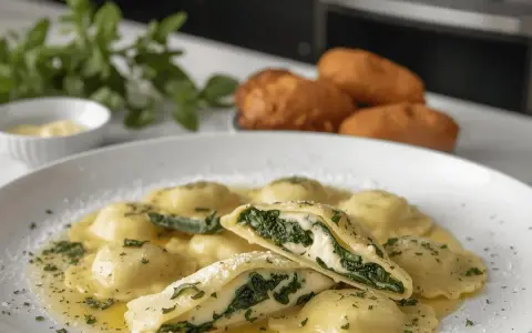 Ravioli ricotta e spinaci in un piatto bianco, conditi con burro fuso e prezzemolo tritato. Uno è tagliato a metà, mostrando il ripieno cremoso.
