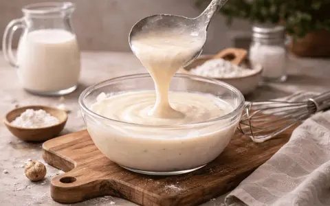 Besciamella senza latte cremosa versata in una ciotola di vetro. Ingredienti per una cucina senza lattosio.
