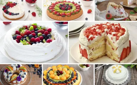 Varie torte e crostate decorate con frutta fresca, perfette per una torta festa della mamma.