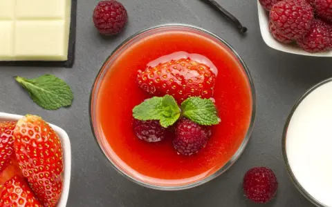 Un bicchiere di coulis di fragole con fragola, lamponi e menta. Accanto, fragole fresche, cioccolato bianco, lamponi e un bicchiere di latte.