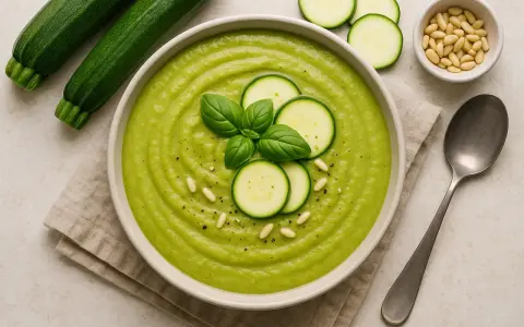 Vellutata di zucchine cremosa, guarnita con basilico fresco, fette di zucchina e pinoli. Accanto, zucchine fresche e un cucchiaio.