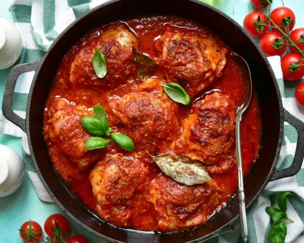 Pollo in umido succulento in padella con pomodoro e basilico, pronto per essere gustato.