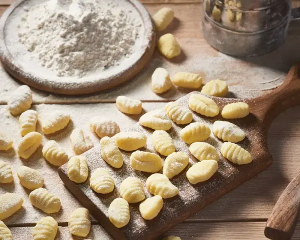 Gnocchi senza glutine appena fatti, spolverati di farina, su un tagliere di legno.