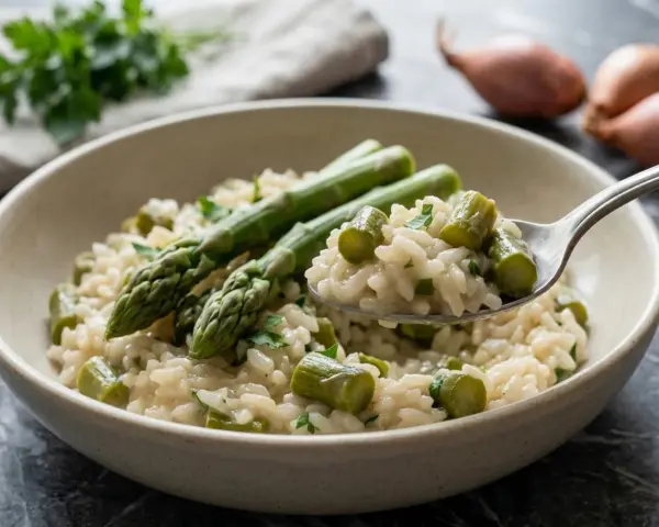 Un cremoso risotto con asparagi freschi, guarnito con prezzemolo tritato. Una forchettata mostra la consistenza perfetta.