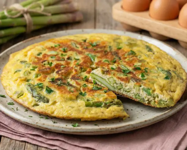 Deliziosa frittata di asparagi selvatici, appena sfornata e guarnita con prezzemolo fresco. Sullo sfondo, un mazzo di asparagi e uova.