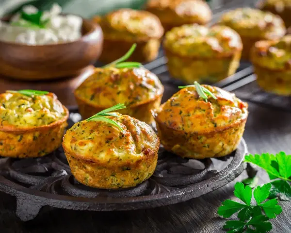 Tortini di zucchine dorati e fragranti, guarniti con rosmarino, su un piatto di ghisa. Sullo sfondo, una ciotola di formaggio fresco.