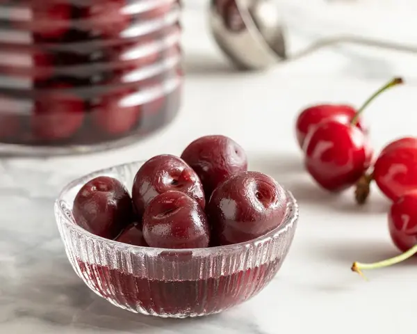 Ciliegie sotto spirito in una ciotola di vetro, con altre ciliegie fresche e un barattolo sullo sfondo.