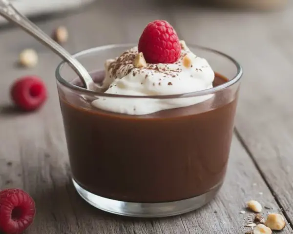 Delizioso budino fatto in casa al cioccolato, guarnito con panna montata, un lampone fresco e nocciole croccanti.
