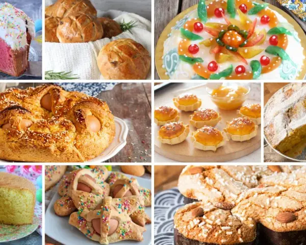 Collage di dolci pasquali: colomba, pastiera, casatiello, torta decorata e altri dolci tipici.