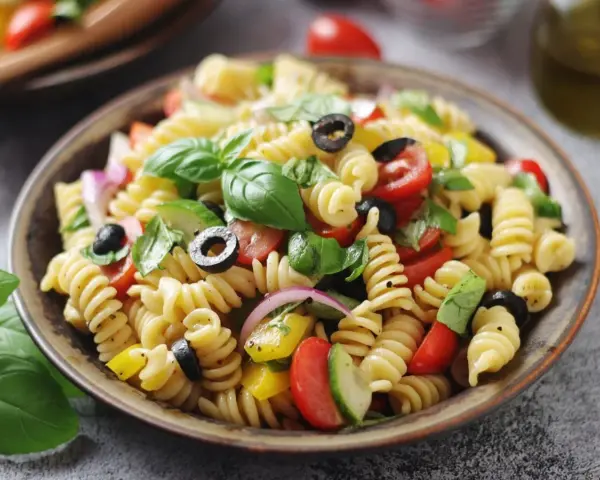 Un piatto invitante di insalata di pasta con fusilli, pomodorini, olive nere, cipolla rossa, cetrioli e basilico fresco.