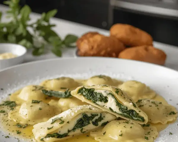 Ravioli ricotta e spinaci in un piatto bianco, conditi con burro fuso e prezzemolo tritato. Uno è tagliato a metà, mostrando il ripieno cremoso.
