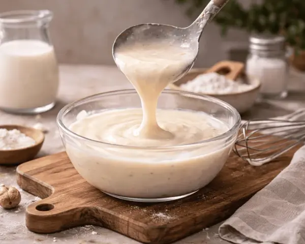Besciamella senza latte cremosa versata in una ciotola di vetro. Ingredienti per una cucina senza lattosio.