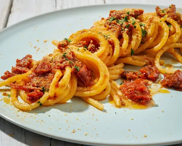 Spaghetti alla ghigliottina conditi con pomodorini secchi e pangrattato, un piatto invitante e saporito.