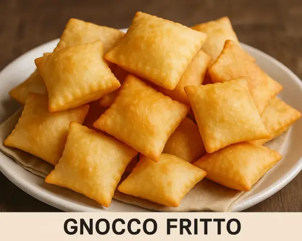 Piatto di gnocco fritto dorato e soffice, pronto per essere gustato. La ricetta originale per un sapore autentico.