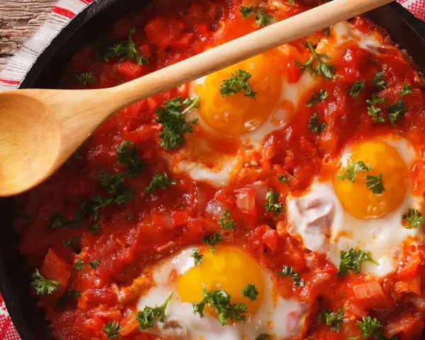 Uova al pomodoro cotte in padella, con tuorli dorati e prezzemolo fresco. Un cucchiaio di legno attende di servire questo piatto saporito.