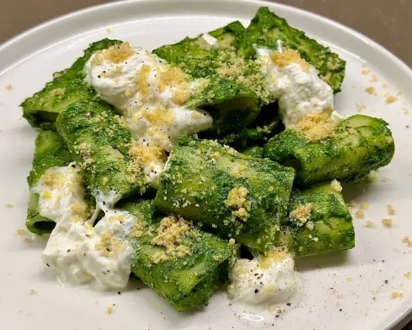 Paccheri conditi con un vibrante pesto di cavolo nero, arricchiti da ricotta fresca e pangrattato croccante.