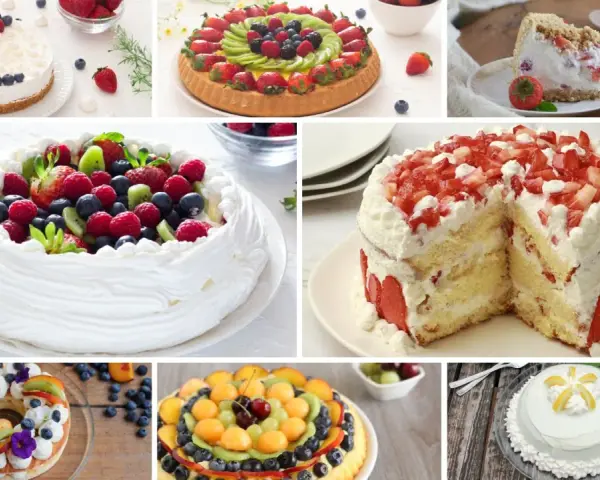 Varie torte e crostate decorate con frutta fresca, perfette per una torta festa della mamma.