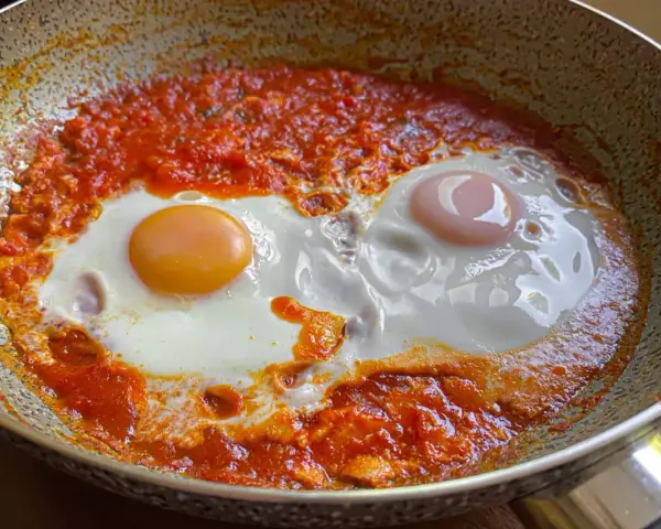 Uova in purgatorio, due uova cotte in una salsa rossa piccante, in una padella.