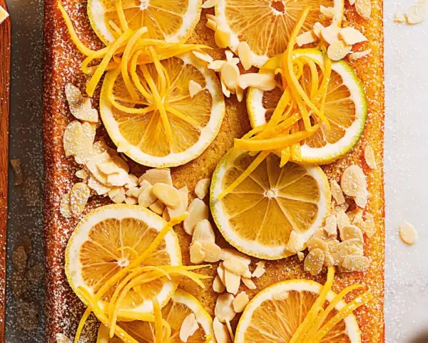 Torta soffice con fette di limone, scorza candita e mandorle a lamelle. Un'esplosione di freschezza per la tua caprese al limone.