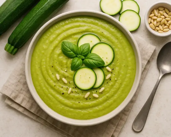 Vellutata di zucchine cremosa, guarnita con basilico fresco, fette di zucchina e pinoli. Accanto, zucchine fresche e un cucchiaio.