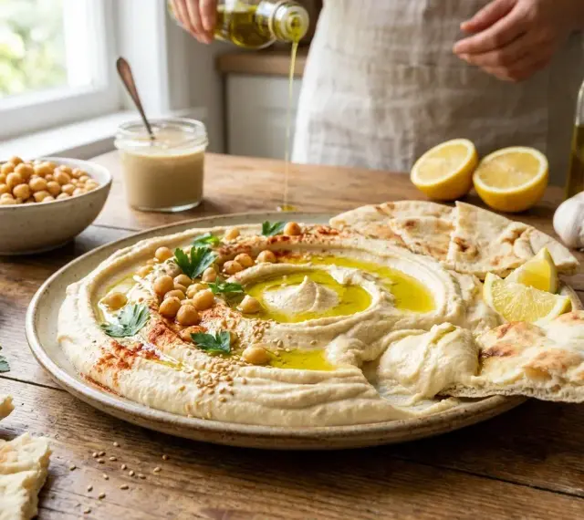 Un cremoso hummus di ceci, guarnito con ceci interi, prezzemolo e olio d'oliva, servito con pane pita e limone.