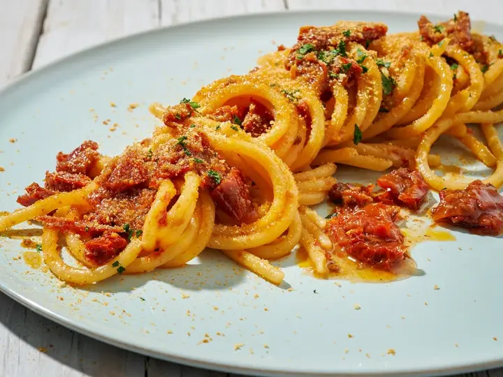 Spaghetti alla ghigliottina conditi con pomodorini secchi e pangrattato, un piatto invitante e saporito.